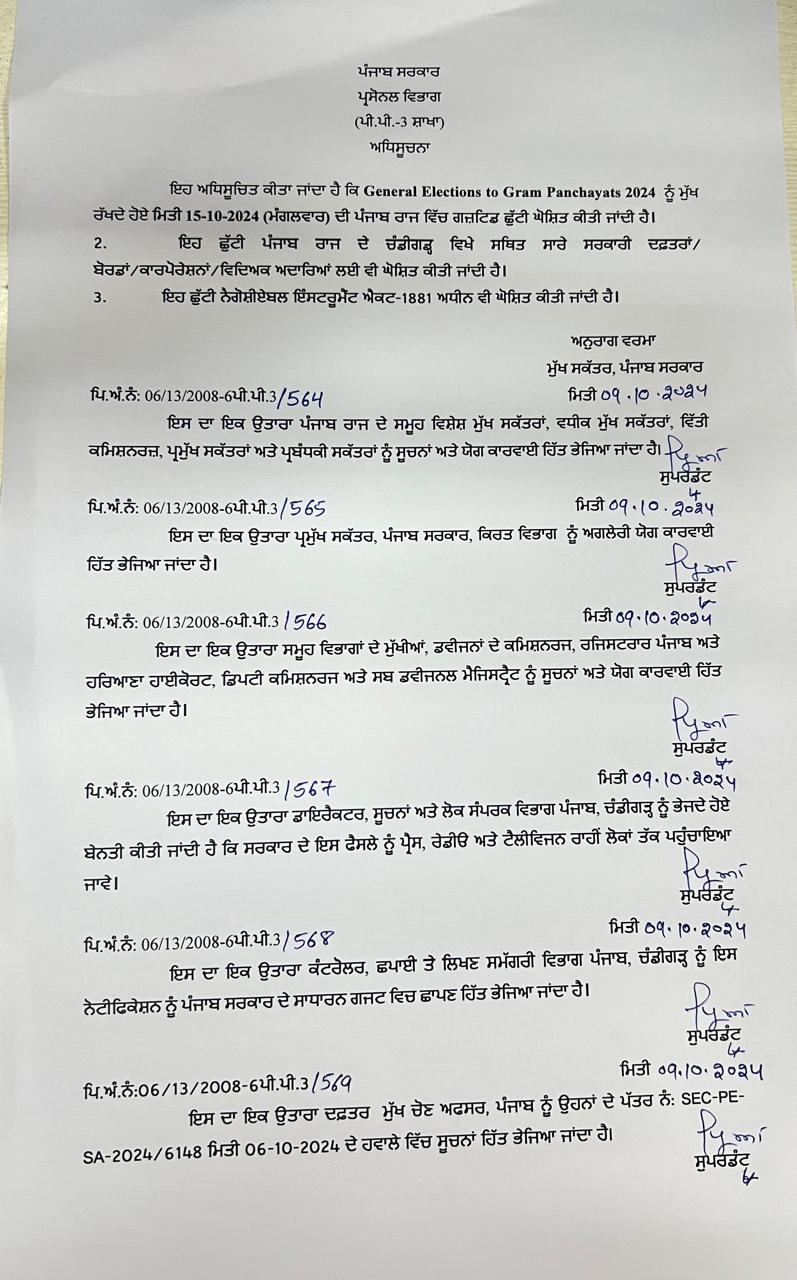 पंजाब में Panchayat Elections के लिए 15 अक्टूबर को छुट्टी